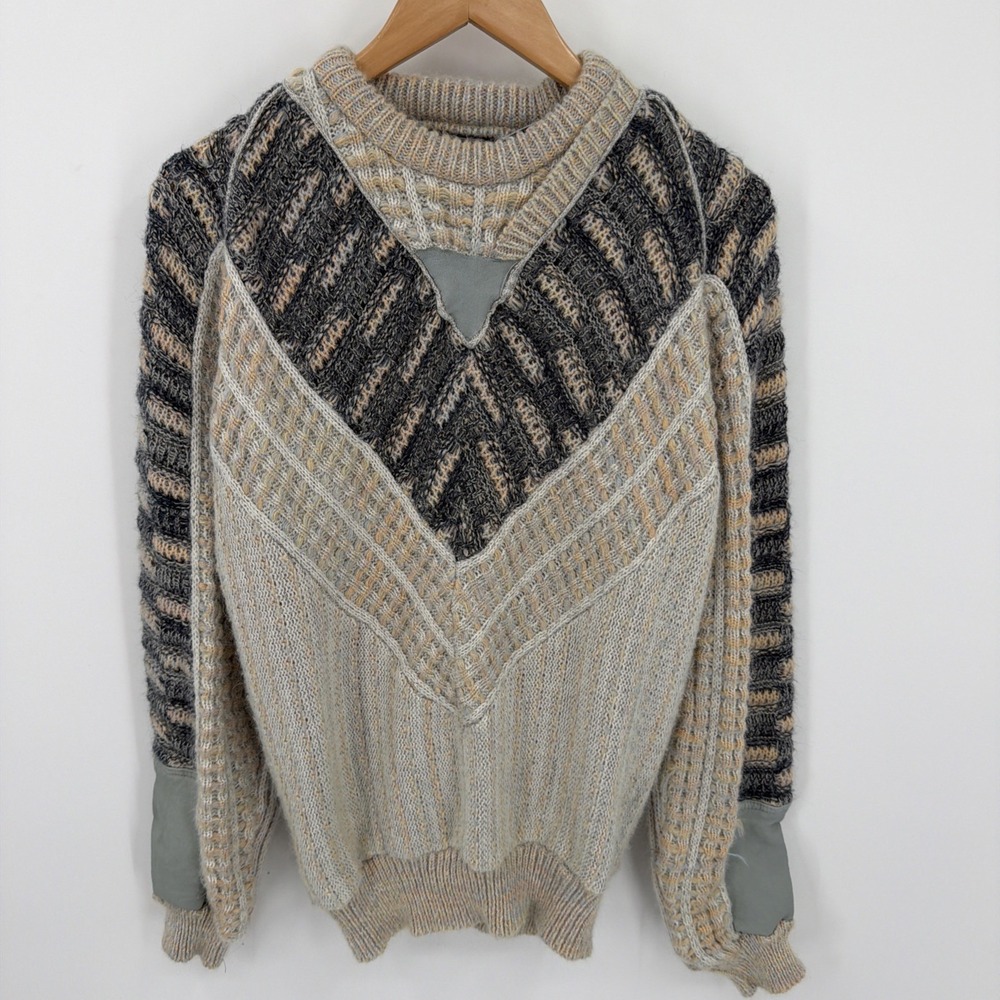 Vintage Mark Elliot Geometric Knit Sweater Leather Accents Sz L 80s Crewneck